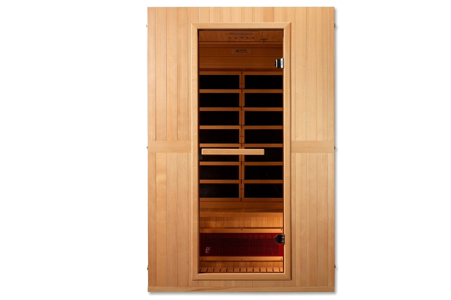 Maxxus Serenity 2-person infrared sauna with Canadian hemlock wood exterior, glass door, wooden benches, and control panel