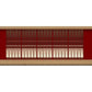 Red and cream paneled far infrared sauna with wooden frame and horizontal grid vents, front view