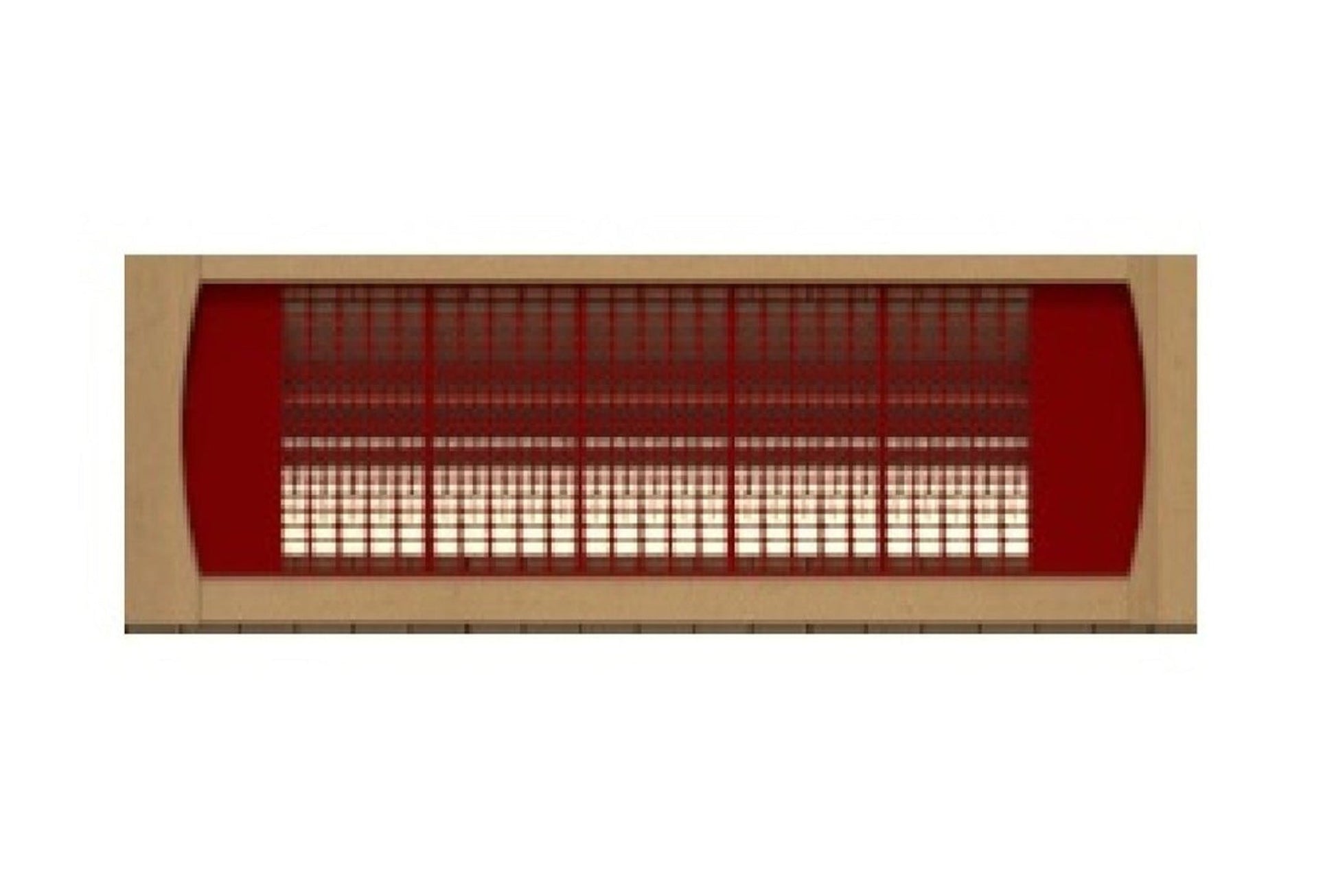 Red and cream paneled far infrared sauna with wooden frame and horizontal grid vents, front view