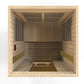 Maxxus Serenity 2-person infrared sauna interior with Canadian hemlock wood, benches, vertical slat walls, and ceiling vents,