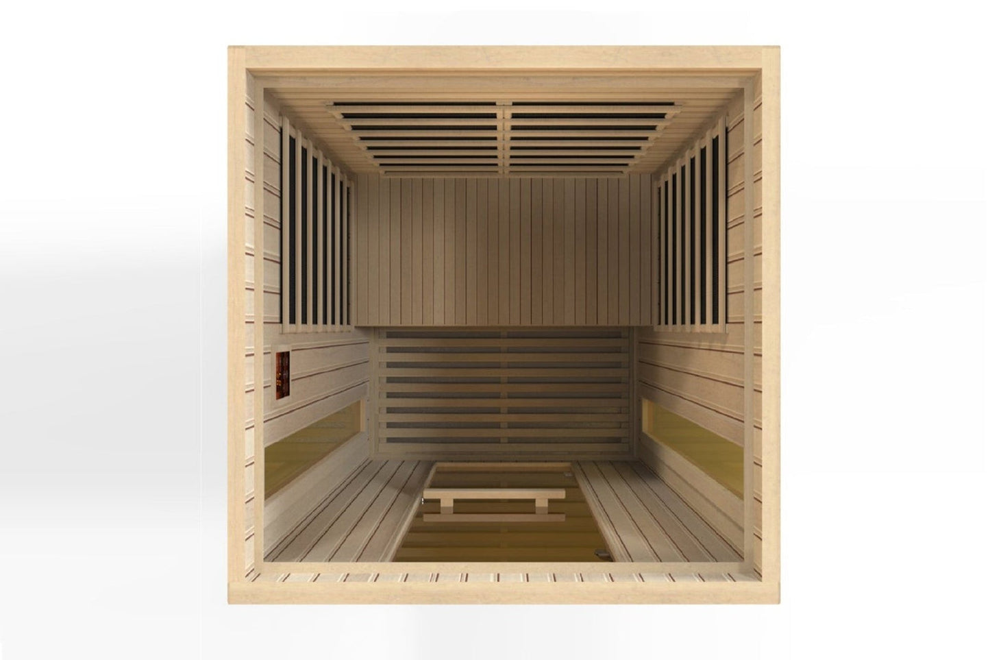 Maxxus Serenity 2-person infrared sauna interior with Canadian hemlock wood, benches, vertical slat walls, and ceiling vents,