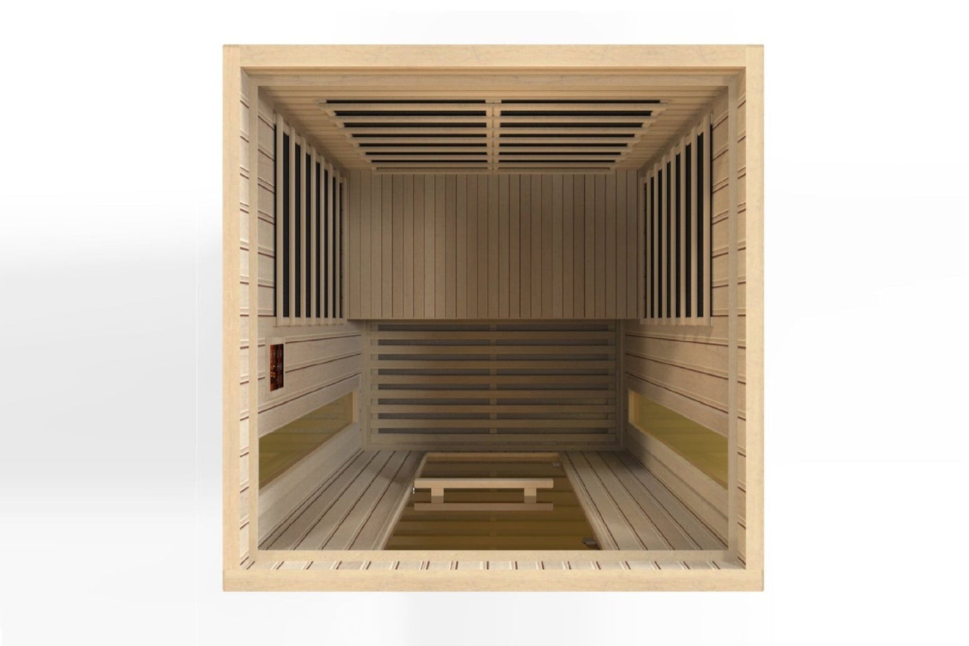 Maxxus Serenity 2-person infrared sauna interior with Canadian hemlock wood, benches, vertical slat walls, and ceiling vents,