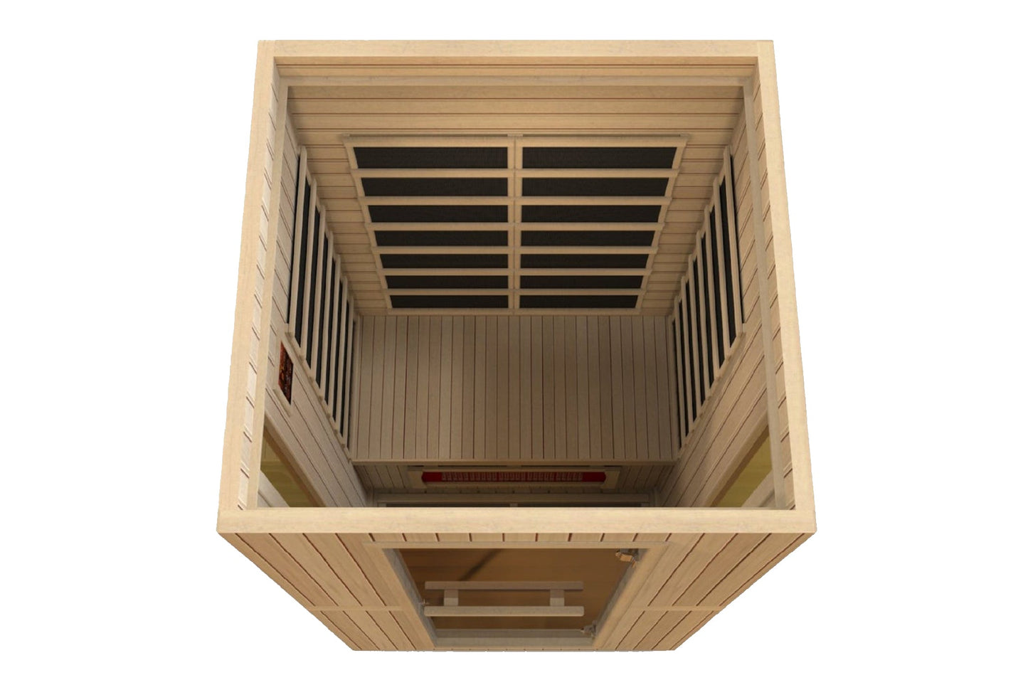 Light wood infrared sauna with two black heating panels on ceiling, viewed from above showing wooden bench interior and contr