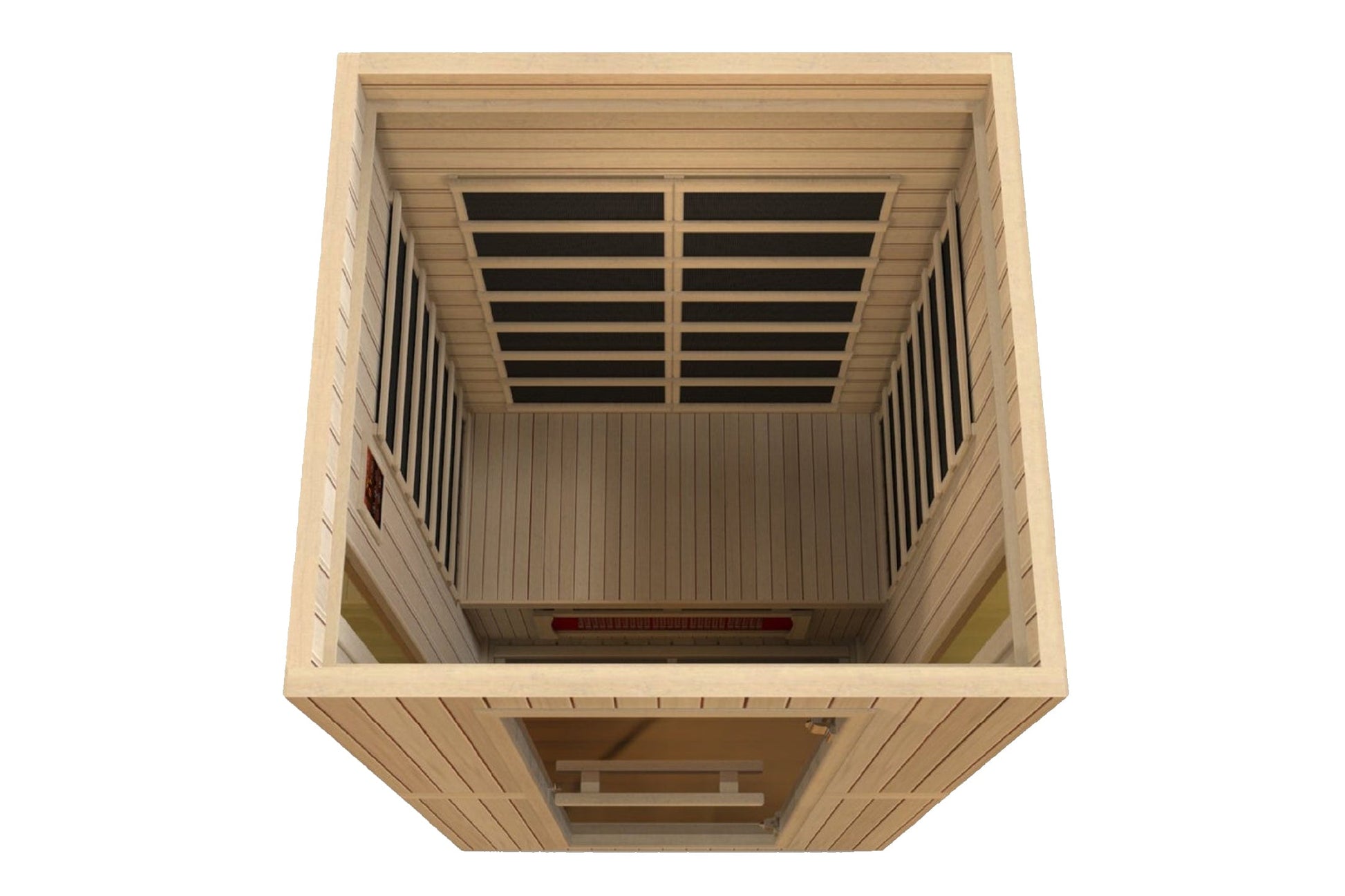 Light wood infrared sauna with two black heating panels on ceiling, viewed from above showing wooden bench interior and contr