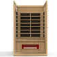 Maxxus Serenity 2-person infrared sauna with Canadian hemlock wood frame, black glass panels, and red heater element on white