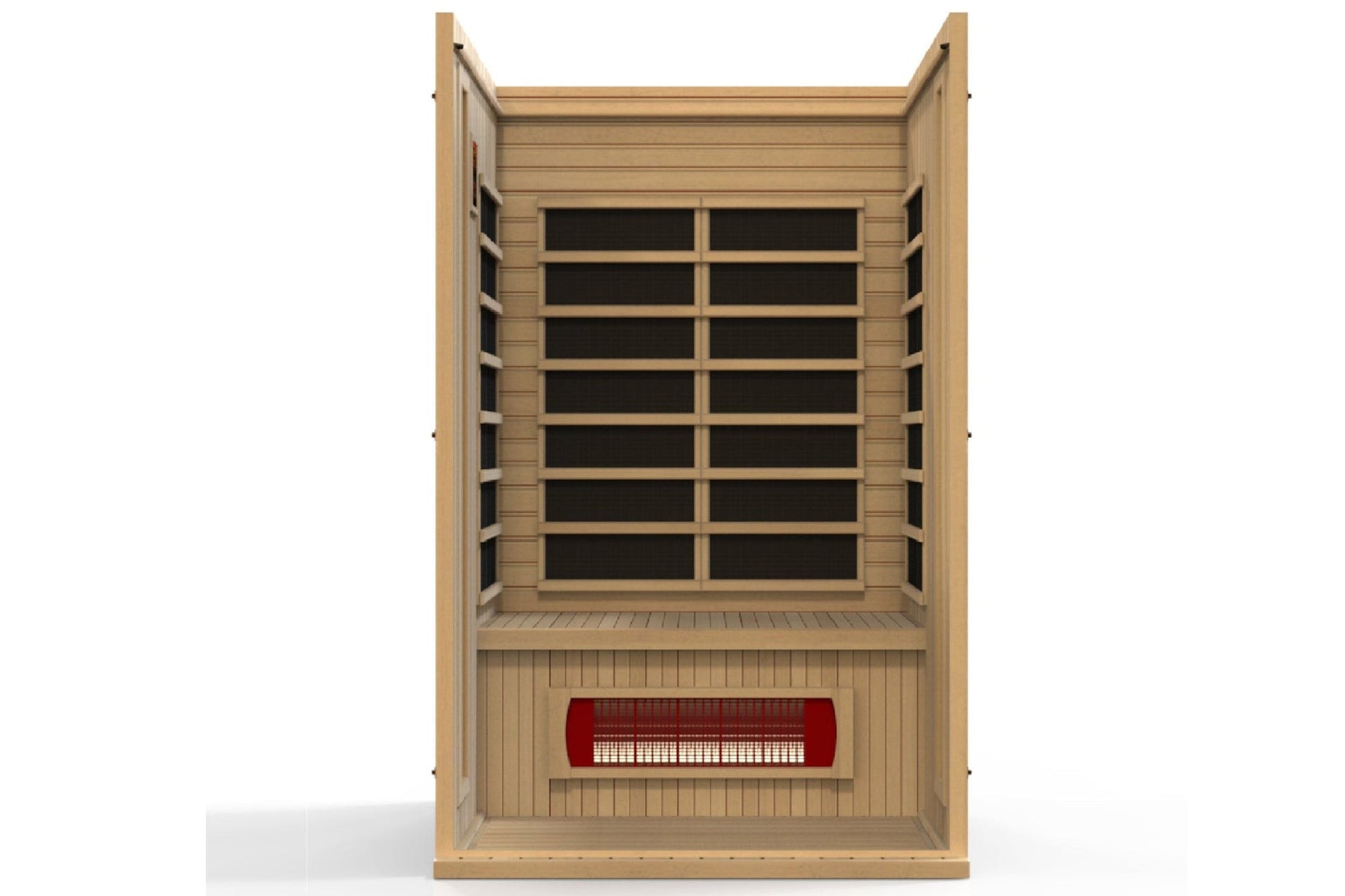 Maxxus Serenity 2-person infrared sauna with Canadian hemlock wood frame, black glass panels, and red heater element on white