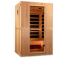 Maxxus Serenity 2-person infrared sauna in light wood with glass door, wooden bench seating, and infrared heater panels visib
