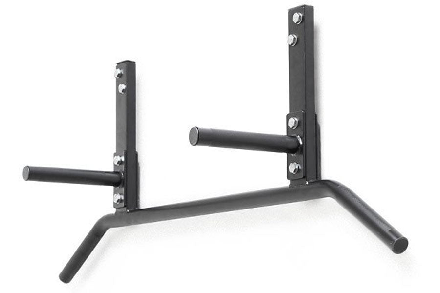 Black steel joist-mounted pull-up bar with dual vertical uprights, horizontal bars, and adjustable safeties on white backgrou