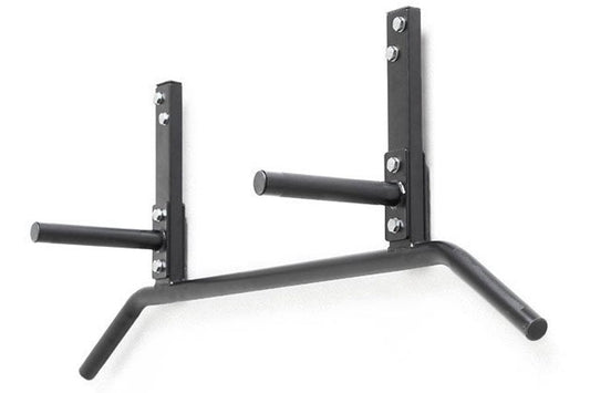 Black steel joist-mounted pull-up bar with dual vertical uprights, horizontal bars, and adjustable safeties on white backgrou