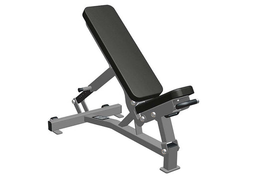 Gray and black adjustable weight bench with padded seat and backrest on white background