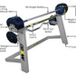 MX80 adjustable barbell system with gray steel frame, dark blue weight plates, straight barbell on top, EZ-curl barbell on bo