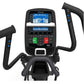 Nautilus E618 black elliptical machine with blue LCD display, green and red control buttons, and curved handles on white back