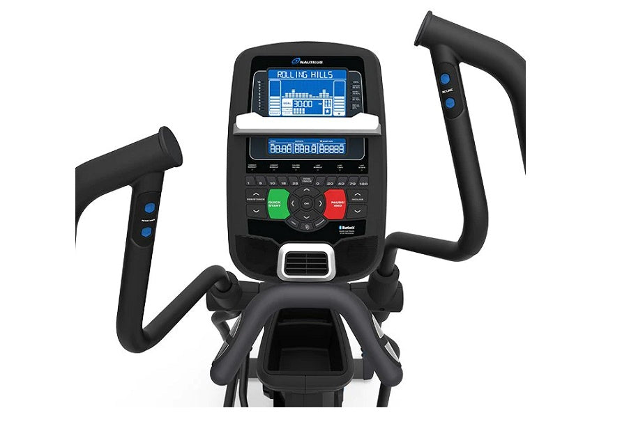Nautilus E618 black elliptical machine with blue LCD display, green and red control buttons, and curved handles on white back