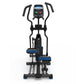 Black and blue elliptical machine with digital display console, dual handles, and foot pedals on white background