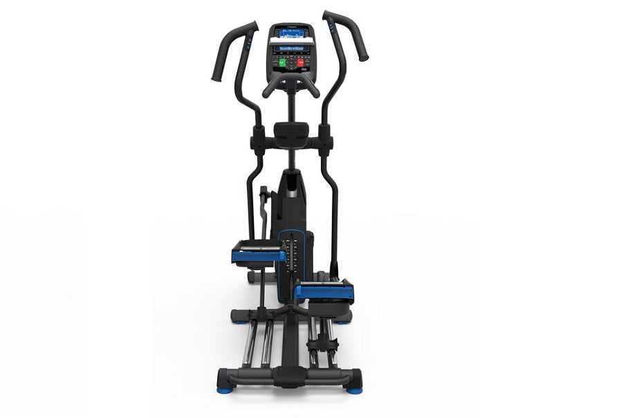 Black and blue elliptical machine with digital display console, dual handles, and foot pedals on white background