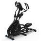 Black and gray elliptical exercise machine with dual handles, digital console, and blue accent trim on white background