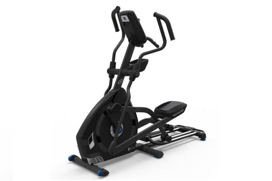 Black and gray elliptical exercise machine with dual handles, digital console, and blue accent trim on white background