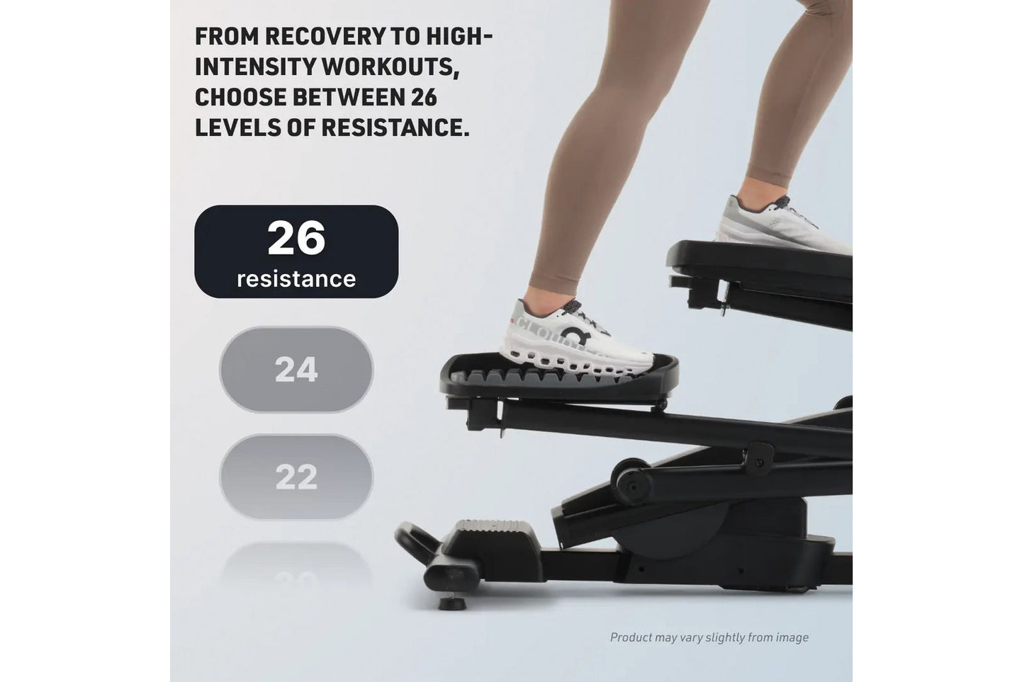 Person wearing white sneakers on black NordicTrack AirGlide 16 elliptical with resistance level options displayed