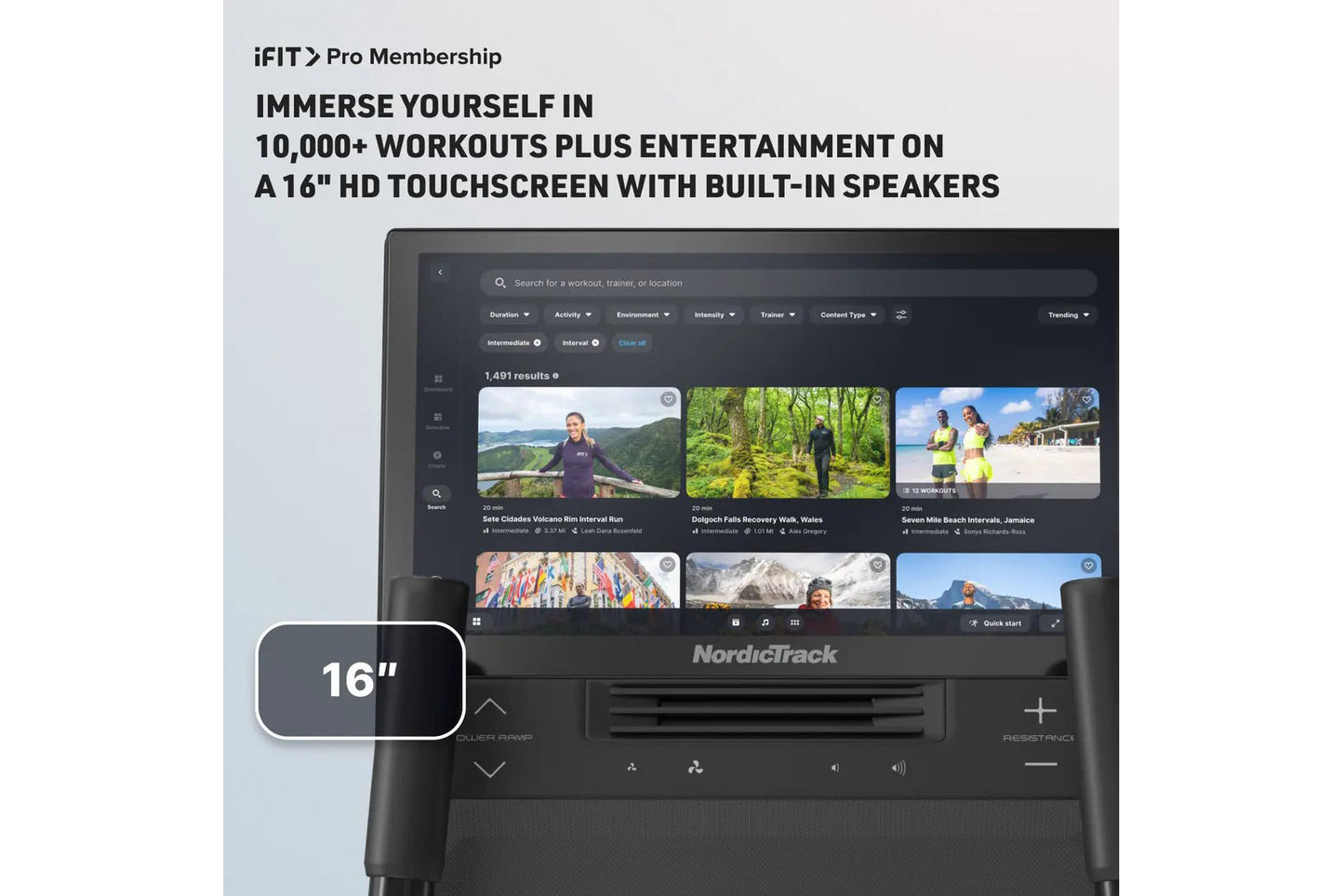 NordicTrack AirGlide 16 elliptical with 16-inch HD touchscreen displaying iFIT Pro workout library, built-in speakers, and bl