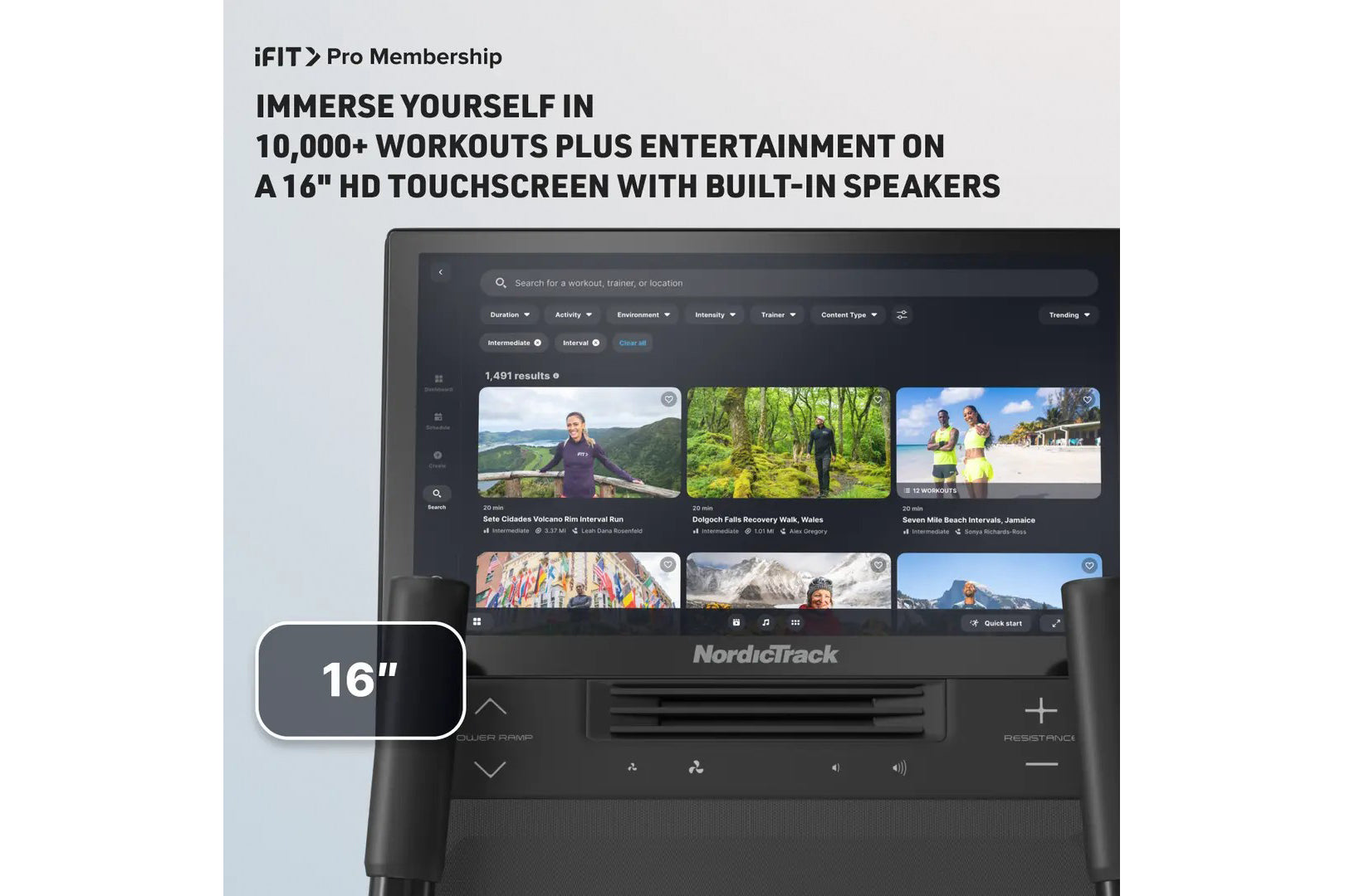 NordicTrack AirGlide 16 elliptical with 16-inch HD touchscreen displaying iFIT Pro workout library, built-in speakers, and bl