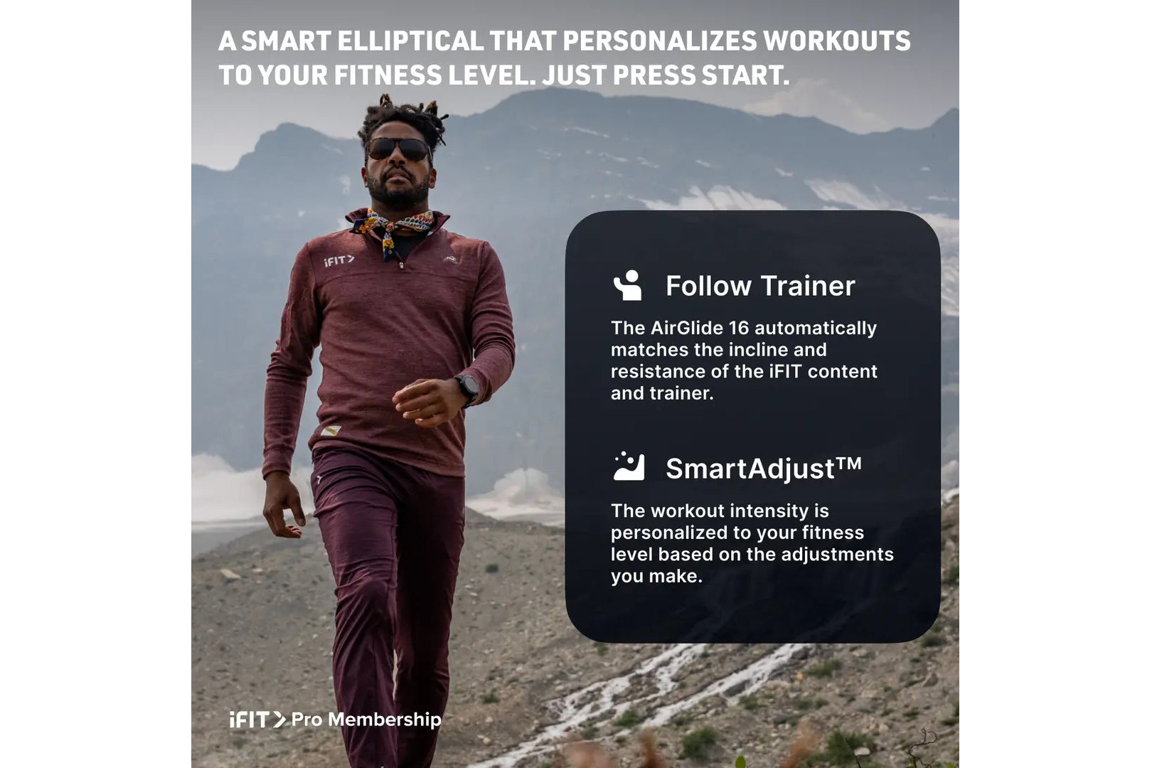 Man jogging outdoors in burgundy iFIT athletic wear with mountains in background, promoting smart elliptical features