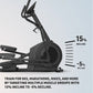Black elliptical machine with adjustable incline and decline settings displayed on light background