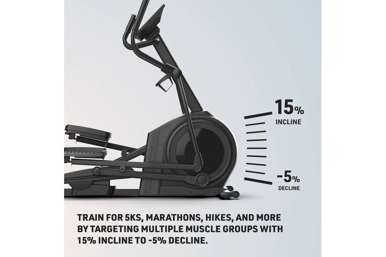 Black elliptical machine with adjustable incline and decline settings displayed on light background
