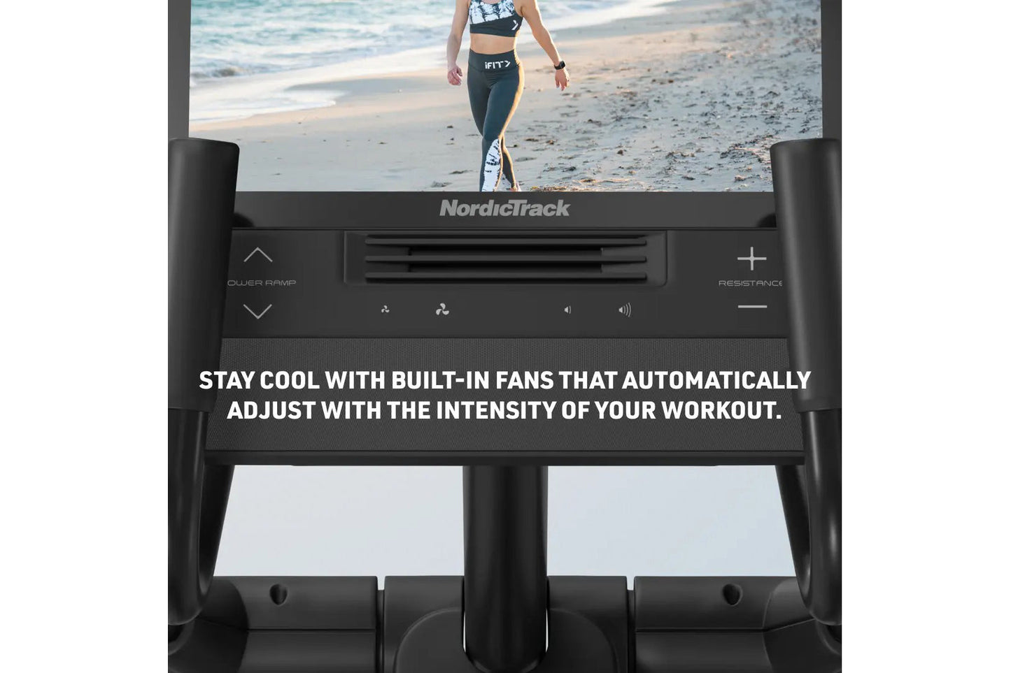 NordicTrack AirGlide 16 black elliptical machine with touchscreen display showing woman jogging on beach, featuring built-in 