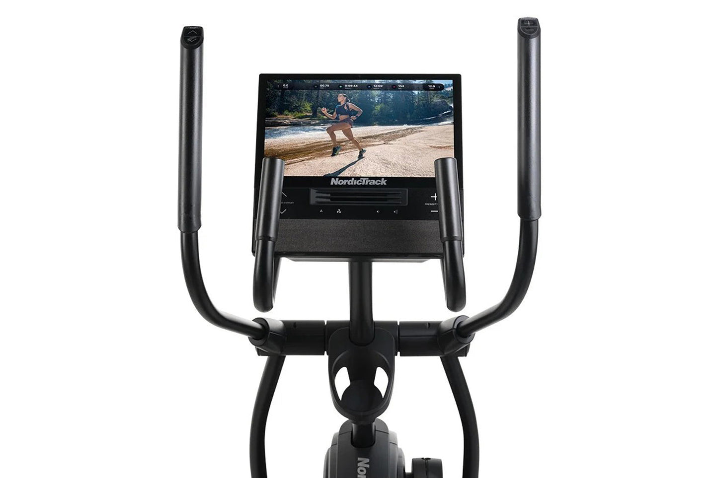 Black NordicTrack AirGlide 16 elliptical with digital display screen showing workout video, curved handlebars, and pedal base