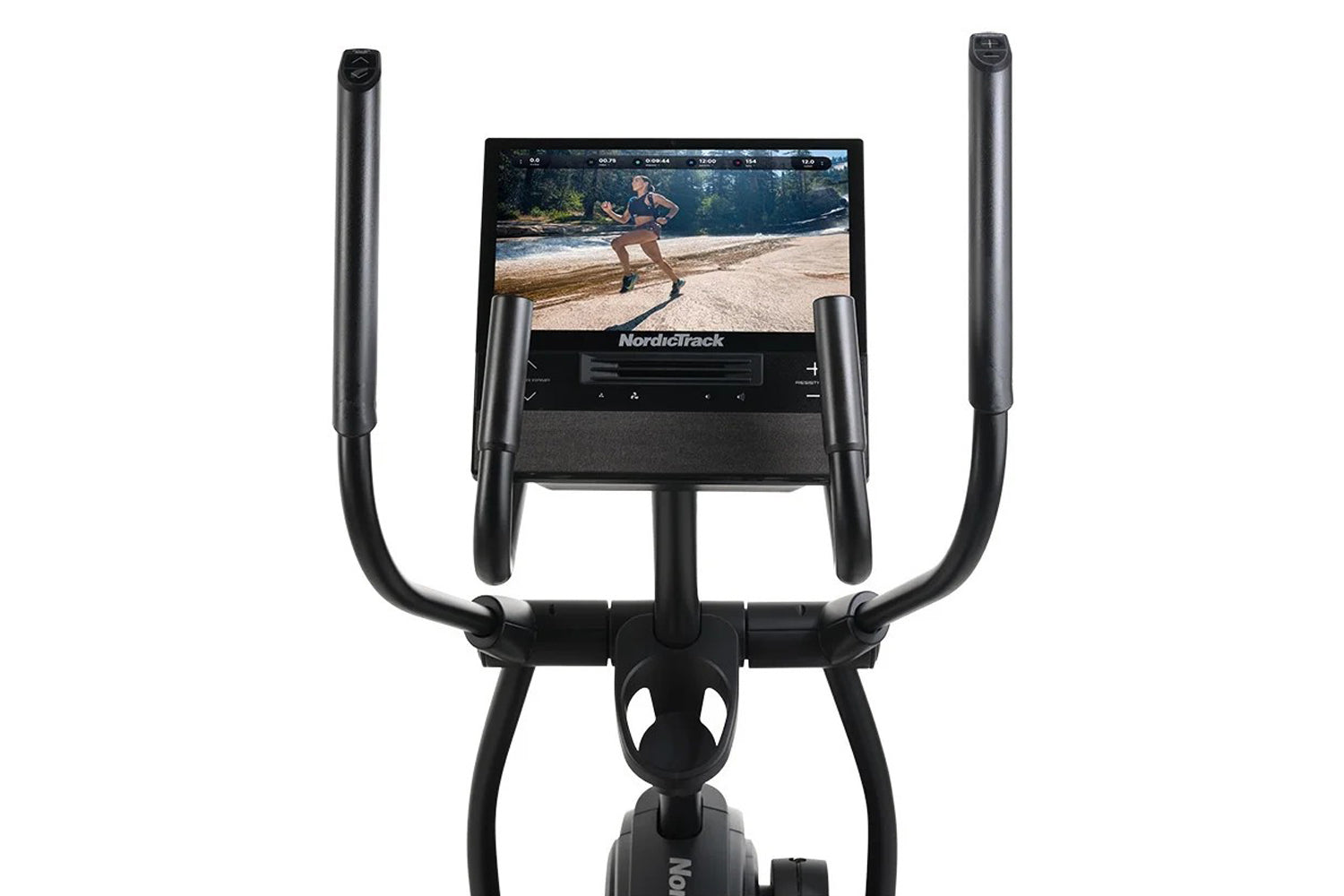 Black NordicTrack AirGlide 16 elliptical with digital display screen showing workout video, curved handlebars, and pedal base