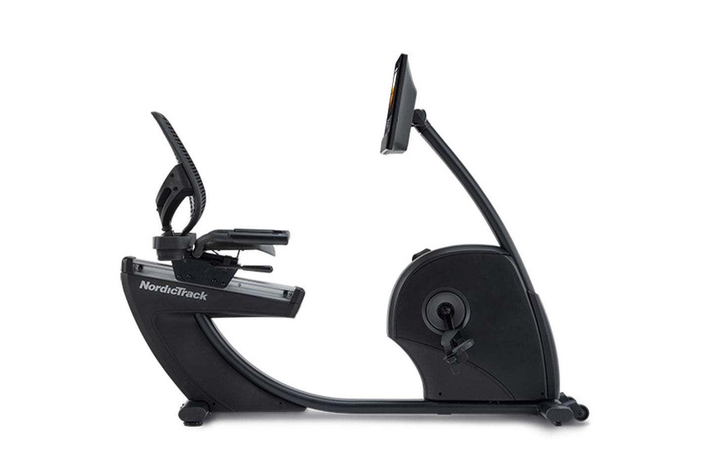 NordicTrack black recumbent exercise bike with curved seat, handlebars, and digital display console on white background