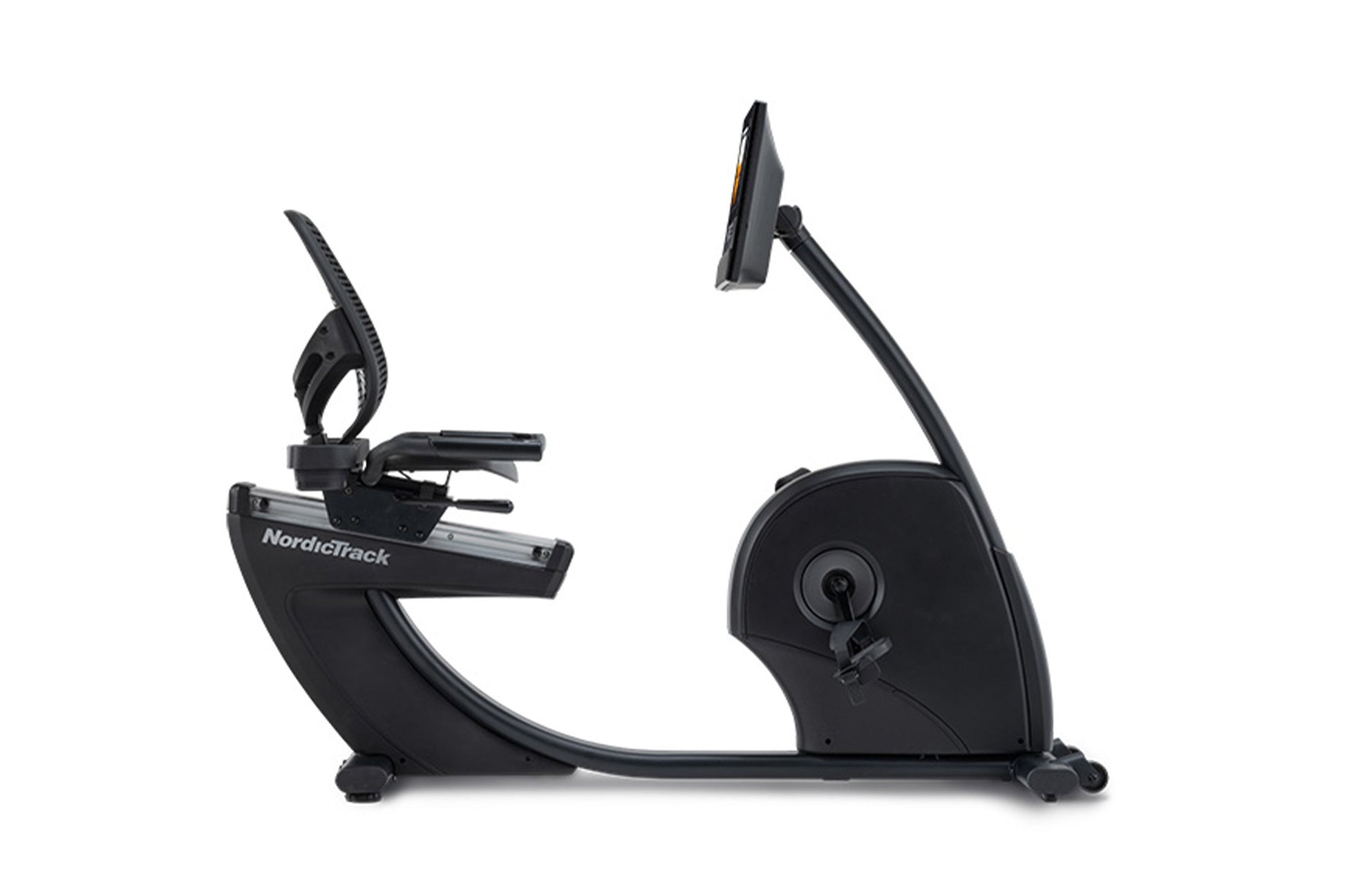 NordicTrack black recumbent exercise bike with curved seat, handlebars, and digital display console on white background