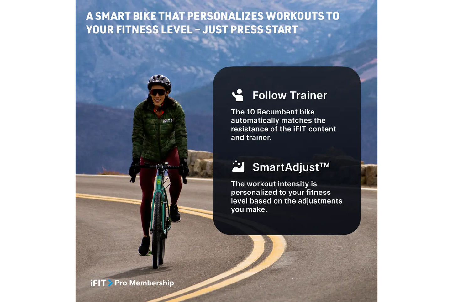 Person in green puffy jacket and burgundy leggings riding teal exercise bike on mountain road with text describing iFIT smart