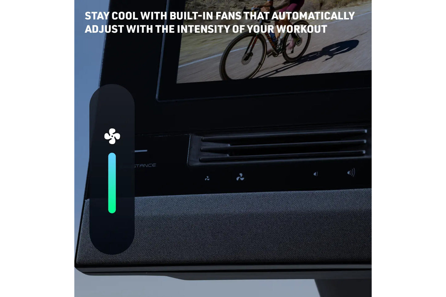 Black recumbent exercise bike with built-in cooling fan featuring white fan icon and glowing cyan intensity indicator bar on 