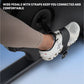 Foot on white and black exercise bike pedal with black strap, worn by model in beige leggings