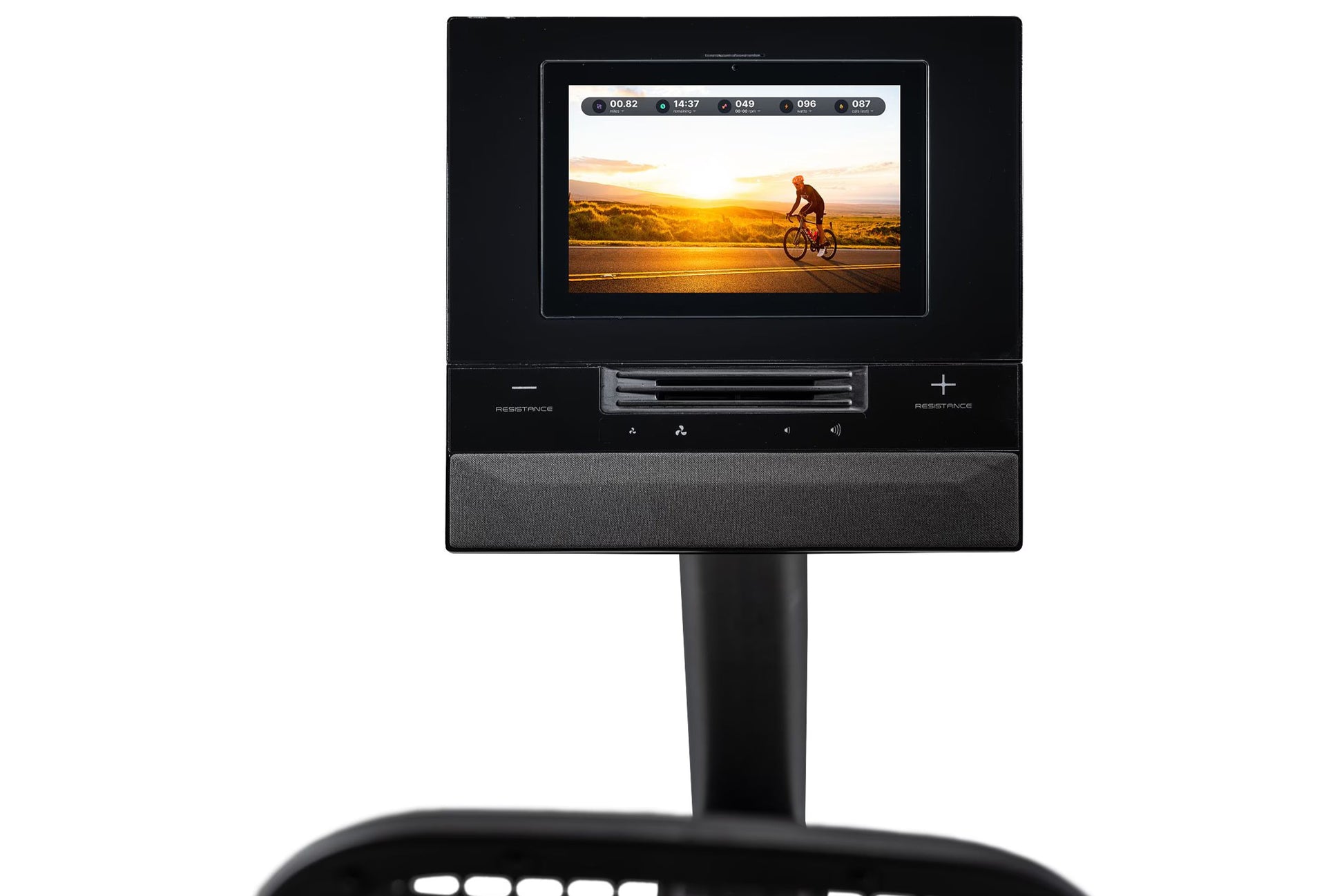 Black NordicTrack recumbent exercise bike with touchscreen display showing video workout, gray fabric base, and adjustable pe
