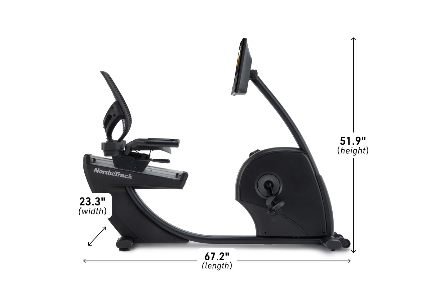 NordicTrack recumbent exercise bike in black with adjustable seat, digital display, and foot pedals on white background
