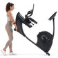 Woman using black NordicTrack recumbent exercise bike with digital display and adjustable seat, shown from side view on white