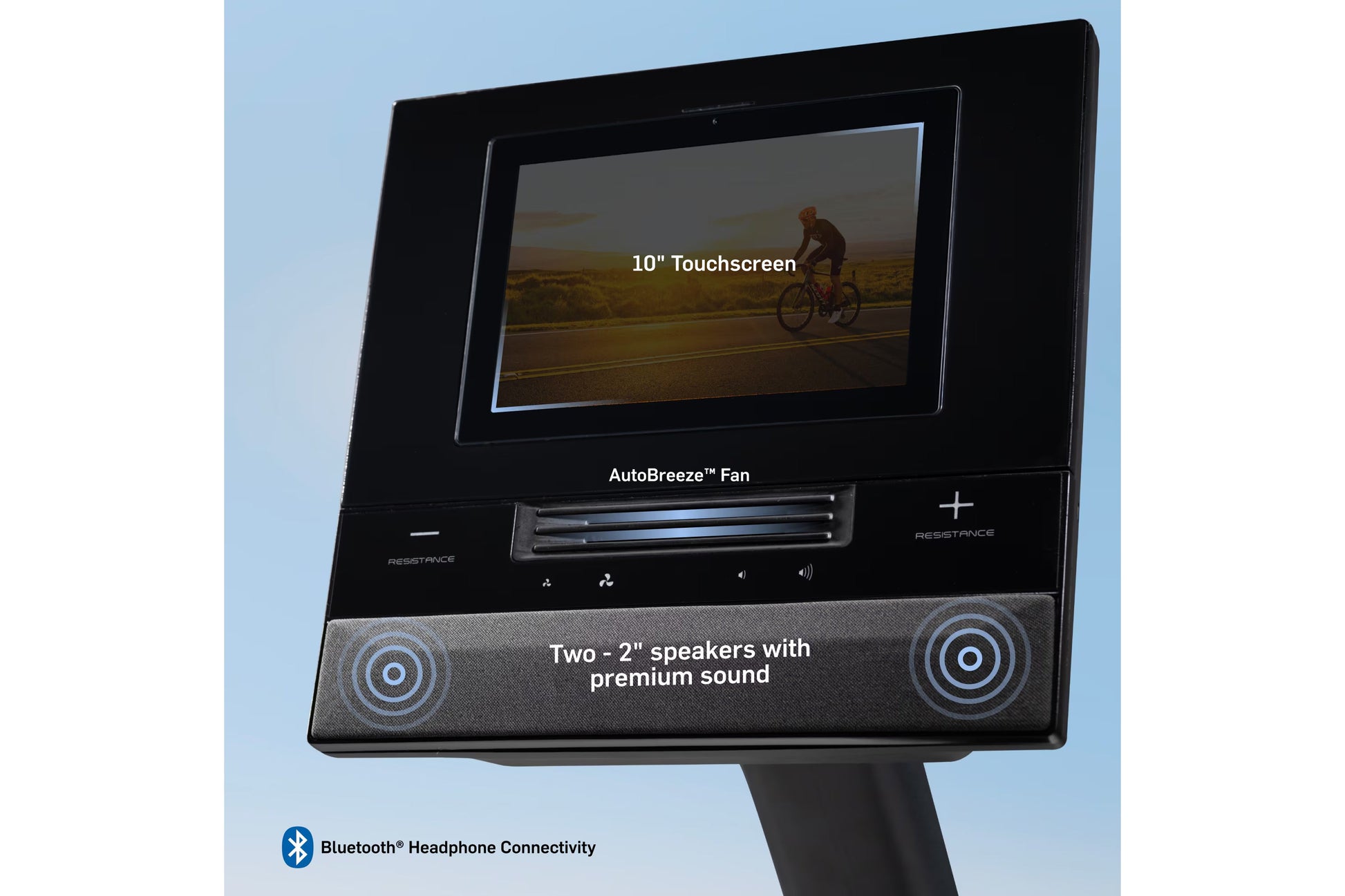 Black NordicTrack recumbent exercise bike display console with 10-inch touchscreen, AutoBreeze fan, dual 2-inch speakers, and