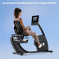 Woman seated on NordicTrack black recumbent exercise bike with perforated backrest, digital display, and adjustable cushioned
