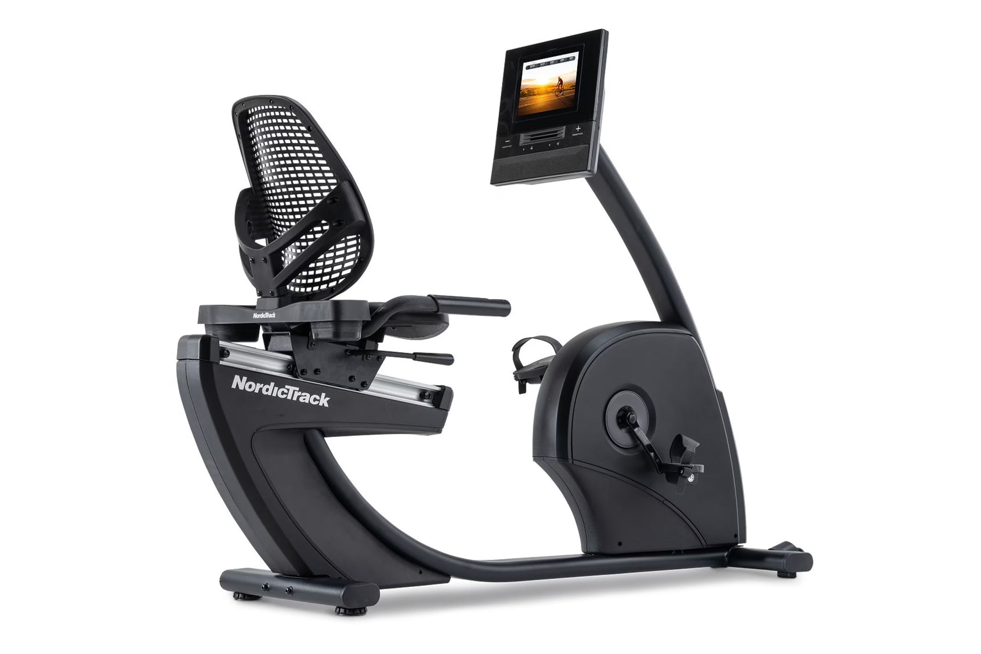NordicTrack recumbent exercise bike with black mesh seat, curved footrest, dual handlebars, and digital display monitor mount