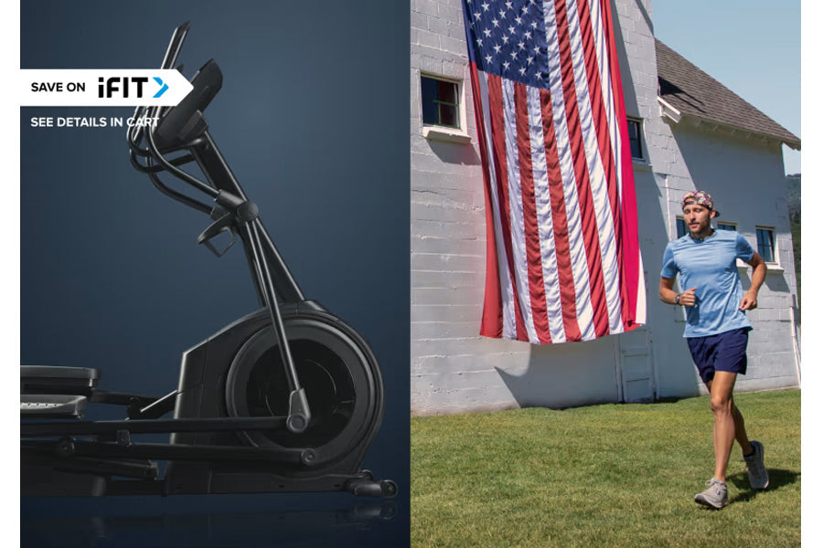 Black NordicTrack elliptical machine with handlebar and foot pedals on blue background, next to runner in blue shirt jogging 