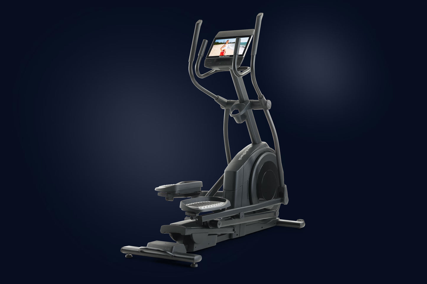 Black NordicTrack AirGlide 14i elliptical with integrated touchscreen display and dual handlebars on dark background