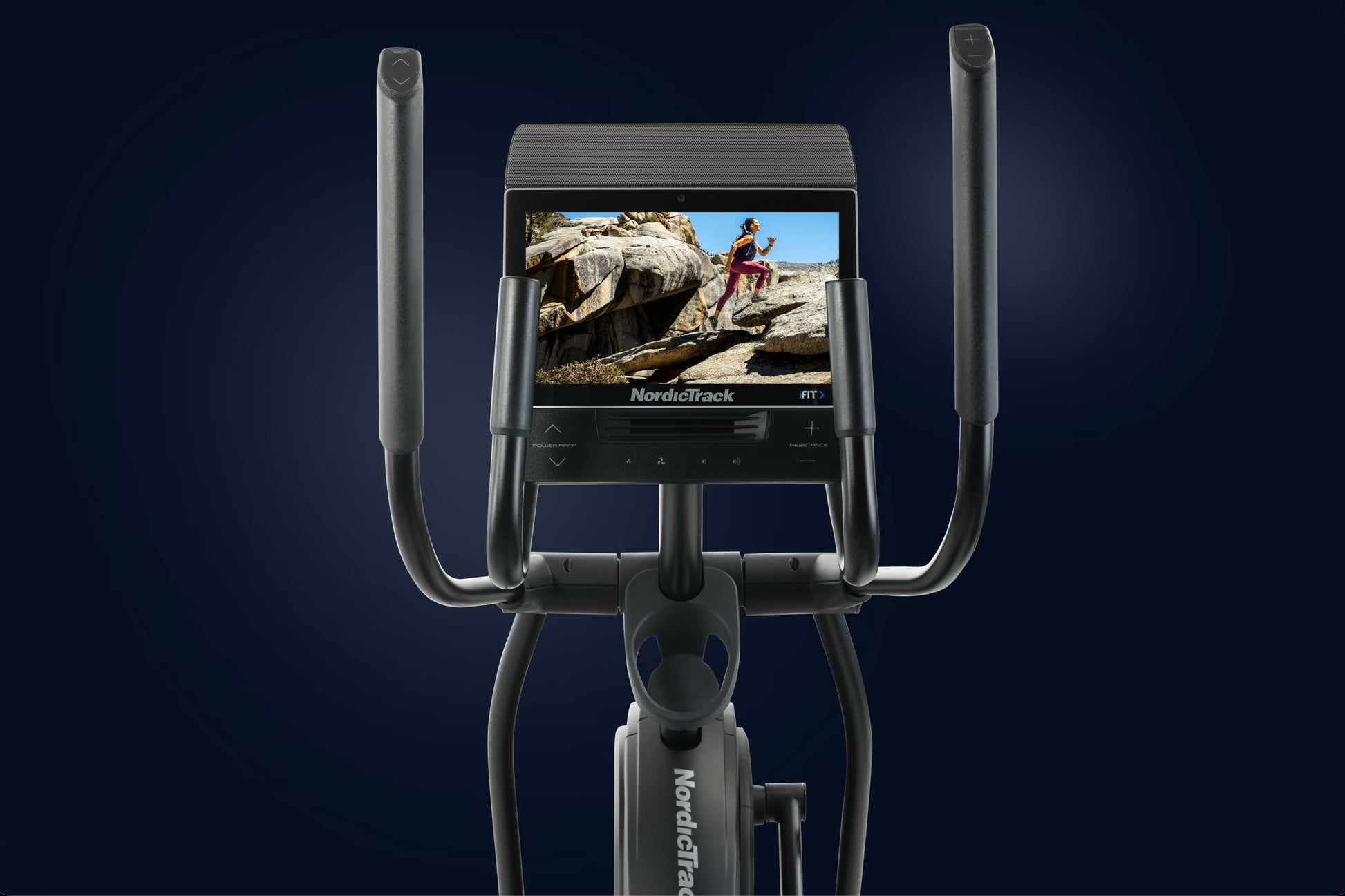 NordicTrack AirGlide 14i elliptical with gray frame, dual handlebars, and touchscreen display showing outdoor workout video o