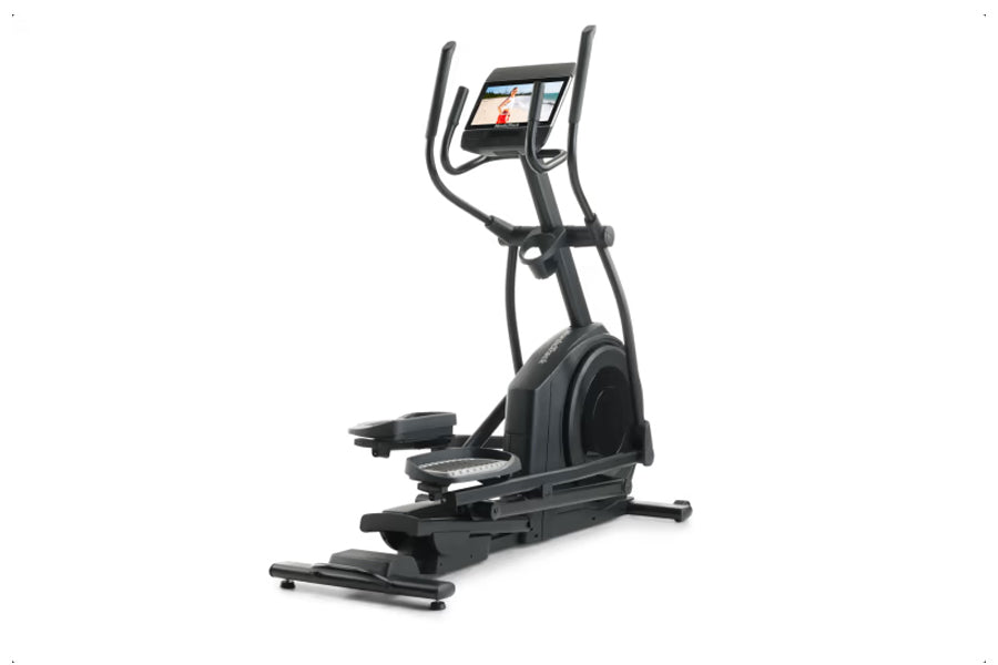 Black NordicTrack AirGlide 14i elliptical machine with digital display console and dual handles, on white background