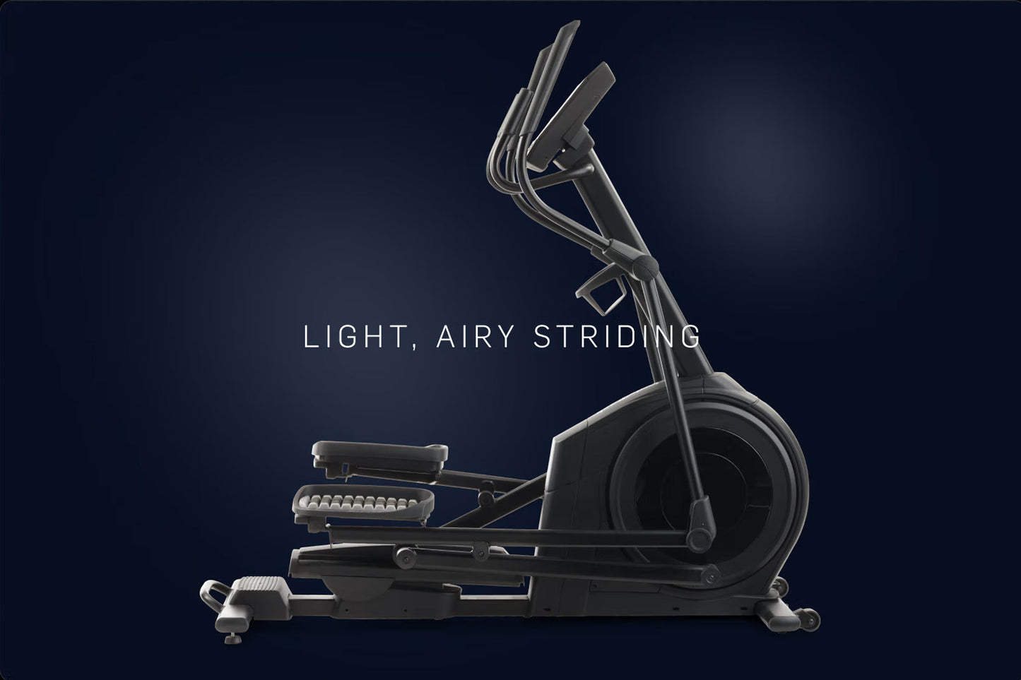 Black NordicTrack AirGlide 7i elliptical machine with light airy striding design on dark blue background