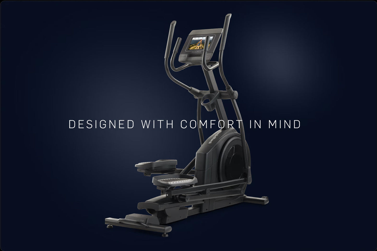 Black NordicTrack AirGlide 7i elliptical with digital console display on dark blue background