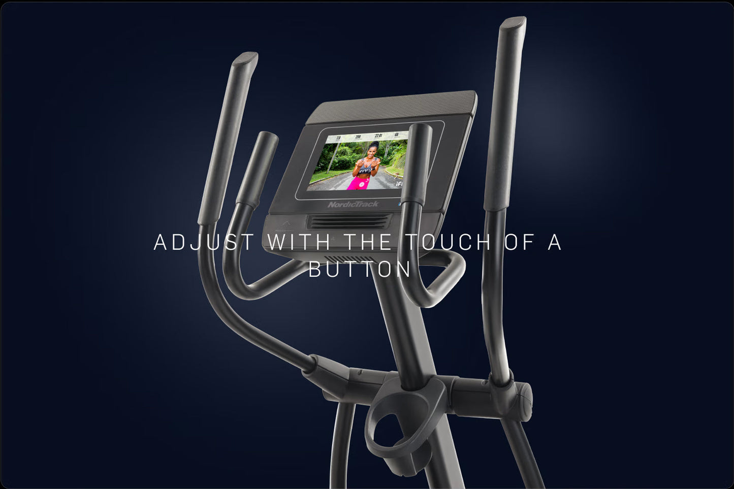 NordicTrack AirGlide 7i elliptical machine with silver frame, curved handles, and touchscreen display showing workout video o