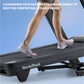 Person wearing pink sneakers running on NordicTrack treadmill with black cushioned deck against blue background