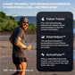 Man jogging on beach in dark t-shirt and shorts, with text overlay describing smart treadmill features including Follow Train